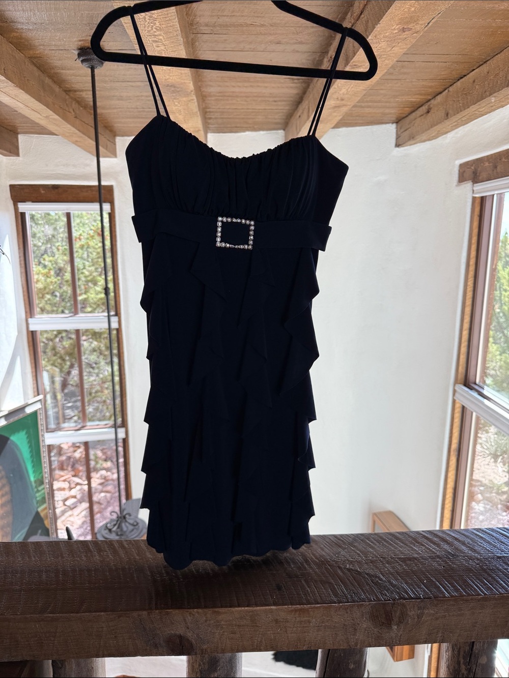 Black Ruffle Mini Dress with Rhinestone Buckle